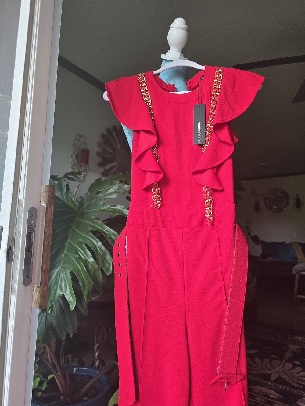 Red Ruffle Chain-Trim Jumpsuit - Picture 2 of 3